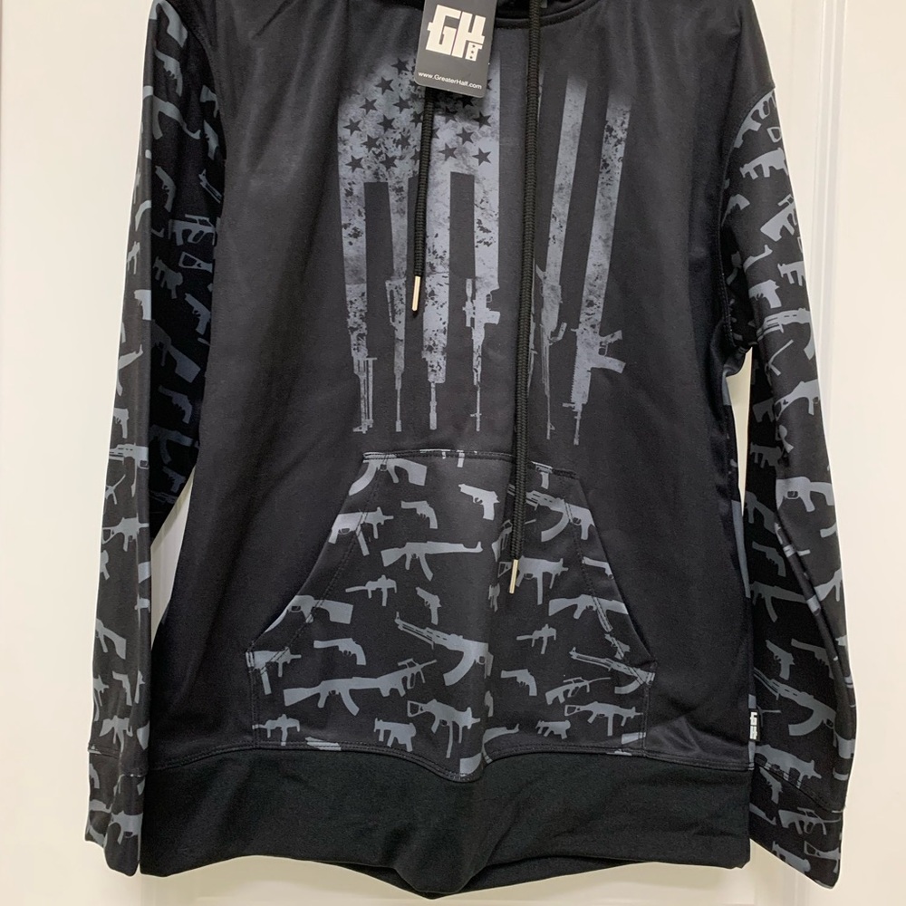 NWT Patriotic Rifle Pattern Graphic Hoodie We the People Greater Half